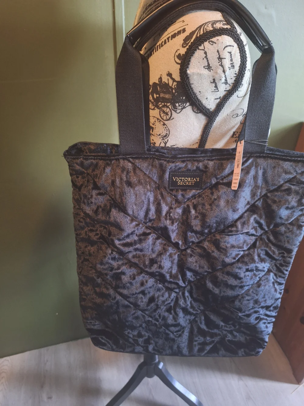 Victoria's Secret Black Quilted Velour Tote Bag